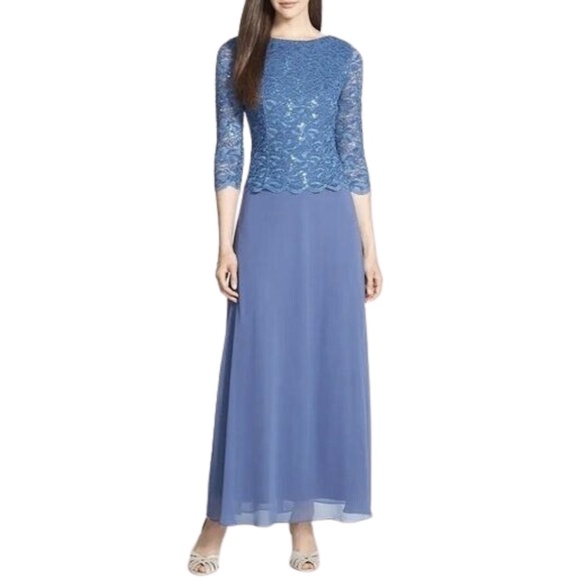 Alex Evenings Mock Two-Piece Sequin Chiffon Gown Lace Dress Wedgewood Sz. 6P - Picture 1 of 5
